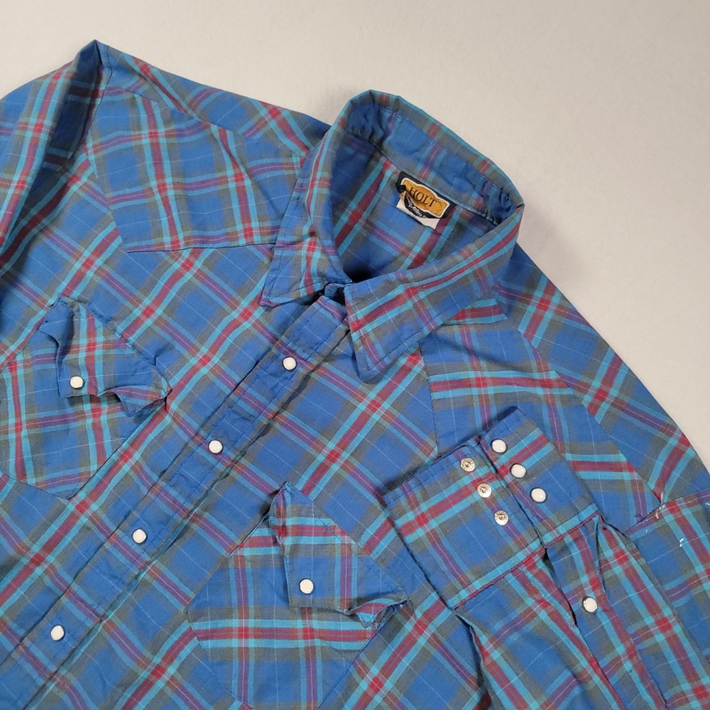 Holt Western Pearl Snap Shirt Mens XXL Blue Plaid Made in USA Long Sleeve Work